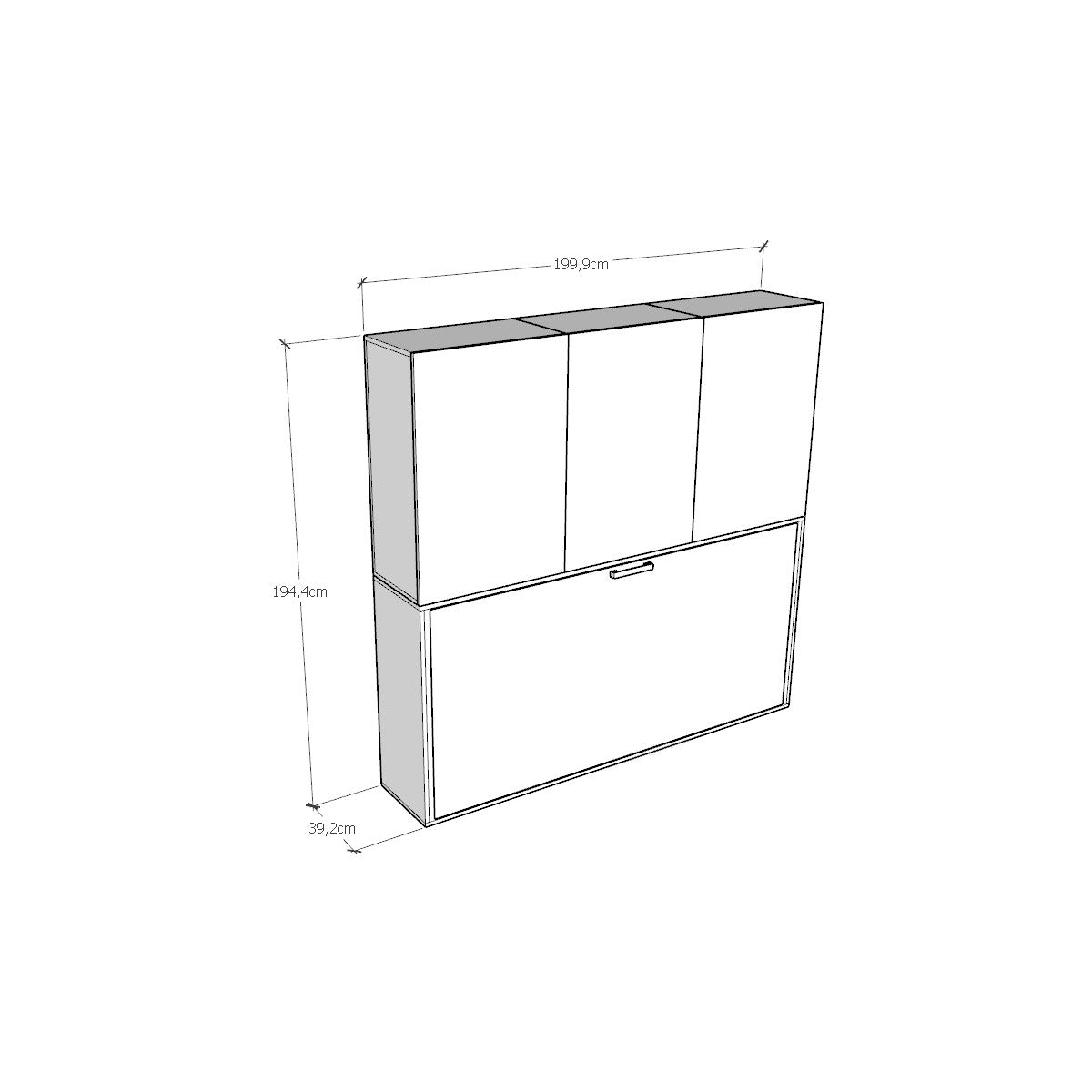 Disegno tecnico della composizione Kando con misure dettagliate, utile per progettare soluzioni d’arredo salvaspazio personalizzate.