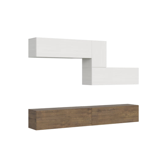 Parete soggiorno Isoka A04 con moduli sospesi bianchi e base effetto legno, design moderno L.268 P.39,2 per arredamento salotto personalizzabile.