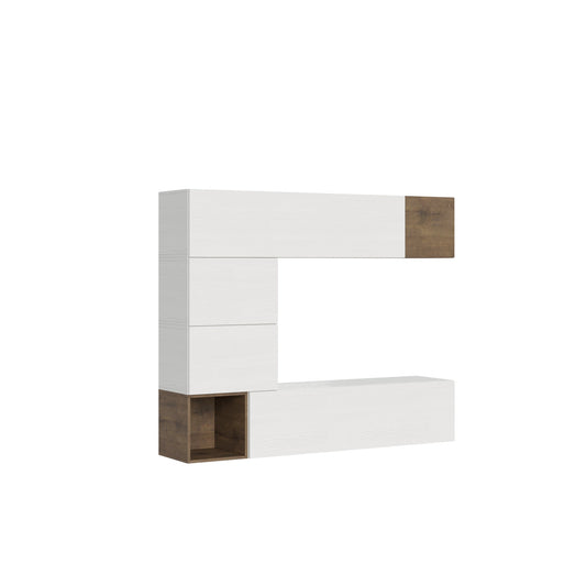 Parete Attrezzata Soggiorno Isoka A11 - L.194 H.160 P.39,2 in finitura bianco e rovere, design moderno per mobili TV e contenitori sospesi.