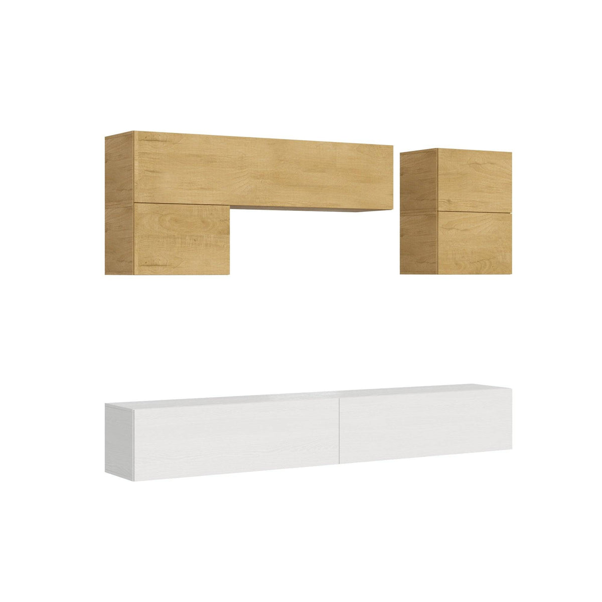 Composizione modulare per soggiorno Isoka A12 L.268 P.39,2 in legno chiaro e bianco, pensili sospesi con design moderno e lineare.