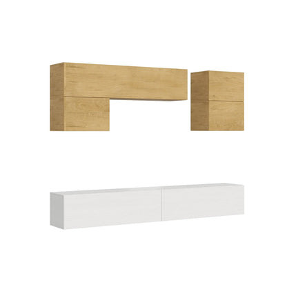 Composizione modulare per soggiorno Isoka A12 L.268 P.39,2 in legno chiaro e bianco, pensili sospesi con design moderno e lineare.