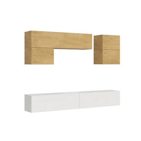 Composizione modulare per soggiorno Isoka A12 L.268 P.39,2 in legno chiaro e bianco, pensili sospesi con design moderno e lineare.