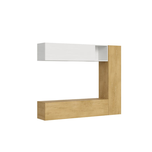 Composizione soggiorno modulare Isoka A14 L.214 H.173,6 P.39,2 in finitura legno chiaro e bianco, design moderno per pareti attrezzate Italy.