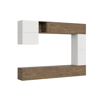 Composizione moderna per soggiorno Isoka A15 L.268 H.200 P.39,2 in finitura bianco e legno, parete attrezzata modulare elegante e funzionale.