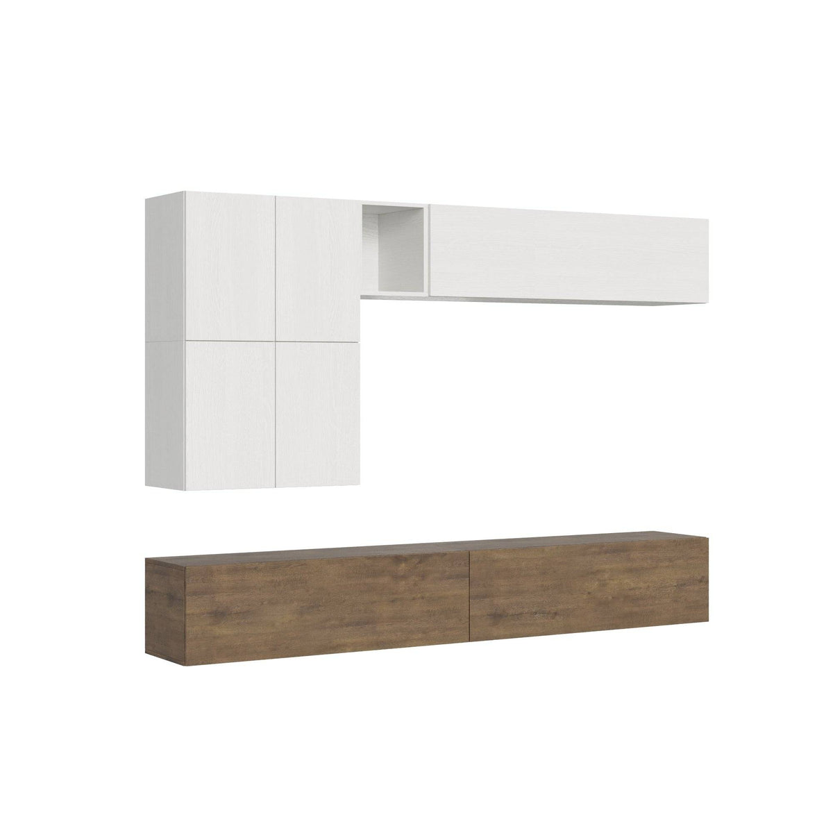 Composizione parete soggiorno Isoka A16 L.268 P.39,2 in finitura bianco e legno, ideale per arredare con stile spazi moderni e funzionali.