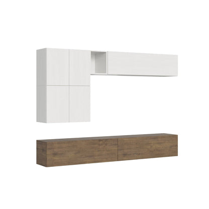 Composizione parete soggiorno Isoka A16 L.268 P.39,2 in finitura bianco e legno, ideale per arredare con stile spazi moderni e funzionali.