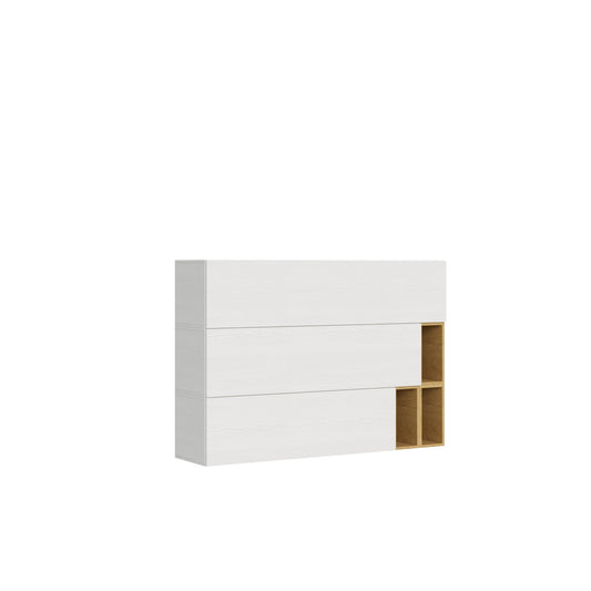 Pensile profondo della parete soggiorno Isoka A19 in finitura bianco frassino con vani a giorno personalizzabili, ideale per arredamenti moderni.