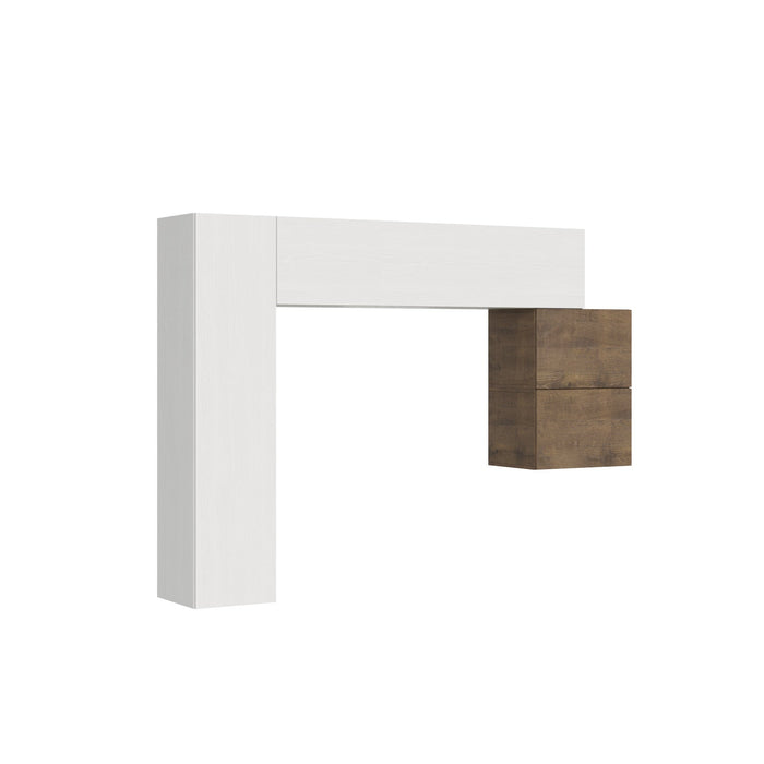Composizione parete soggiorno A25 L.204 H.173,6 P.39,2 in finitura bianco e legno, design moderno per soggiorni eleganti e funzionali.