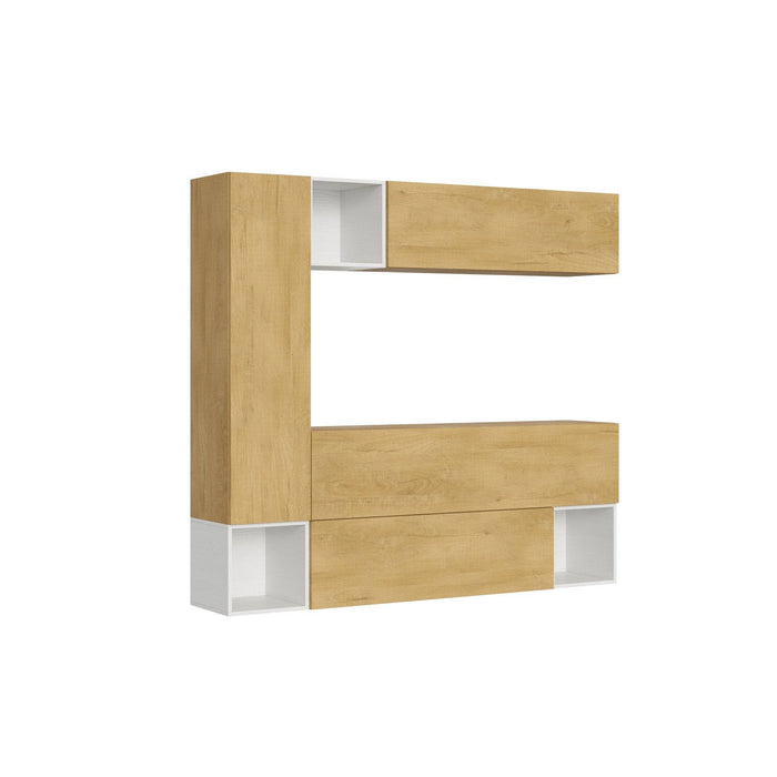 Composizione soggiorno modulare Isoka A26 L.214 P.39,2 in finitura legno chiaro e bianco, ideale per arredare pareti moderne con stile.