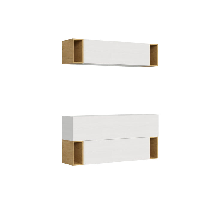 Composizione parete soggiorno A29 L.173,6 P.39,2 in legno bicolore con pensili sospesi, ideale per arredare spazi moderni con funzionalità.