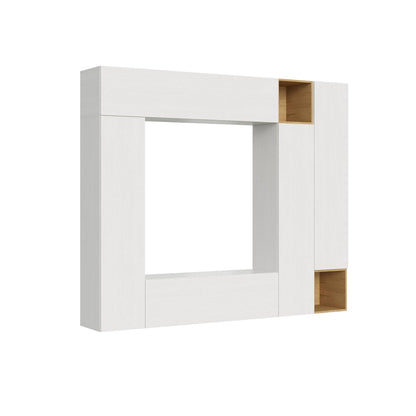 Composizione parete soggiorno A32 L.254 H.214 in finitura bianco e legno, struttura modulare per arredo moderno e funzionale del soggiorno.
