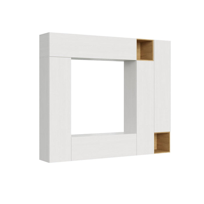 Composizione parete soggiorno A32 L.254 H.214 in finitura bianco e legno, struttura modulare per arredo moderno e funzionale del soggiorno.