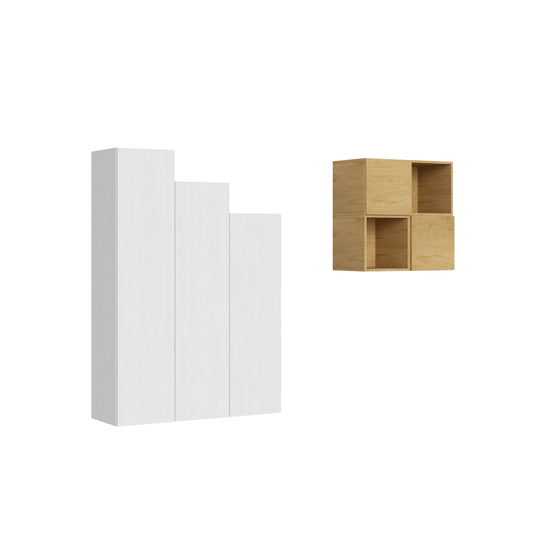Composizione parete soggiorno A33 L.120 H.173,6 in bianco e rovere, ideale per arredare con stile pareti moderne con mensole sospese modulari.