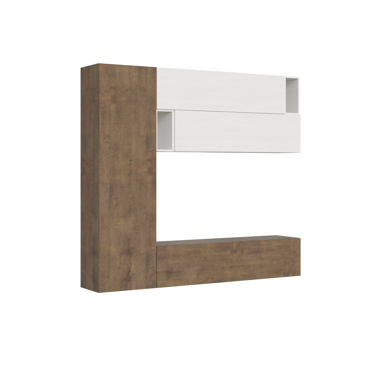 Composizione parete soggiorno A34 L.234 H.210 in finitura legno e bianco, design moderno sospeso per arredare il soggiorno con stile e funzionalità.