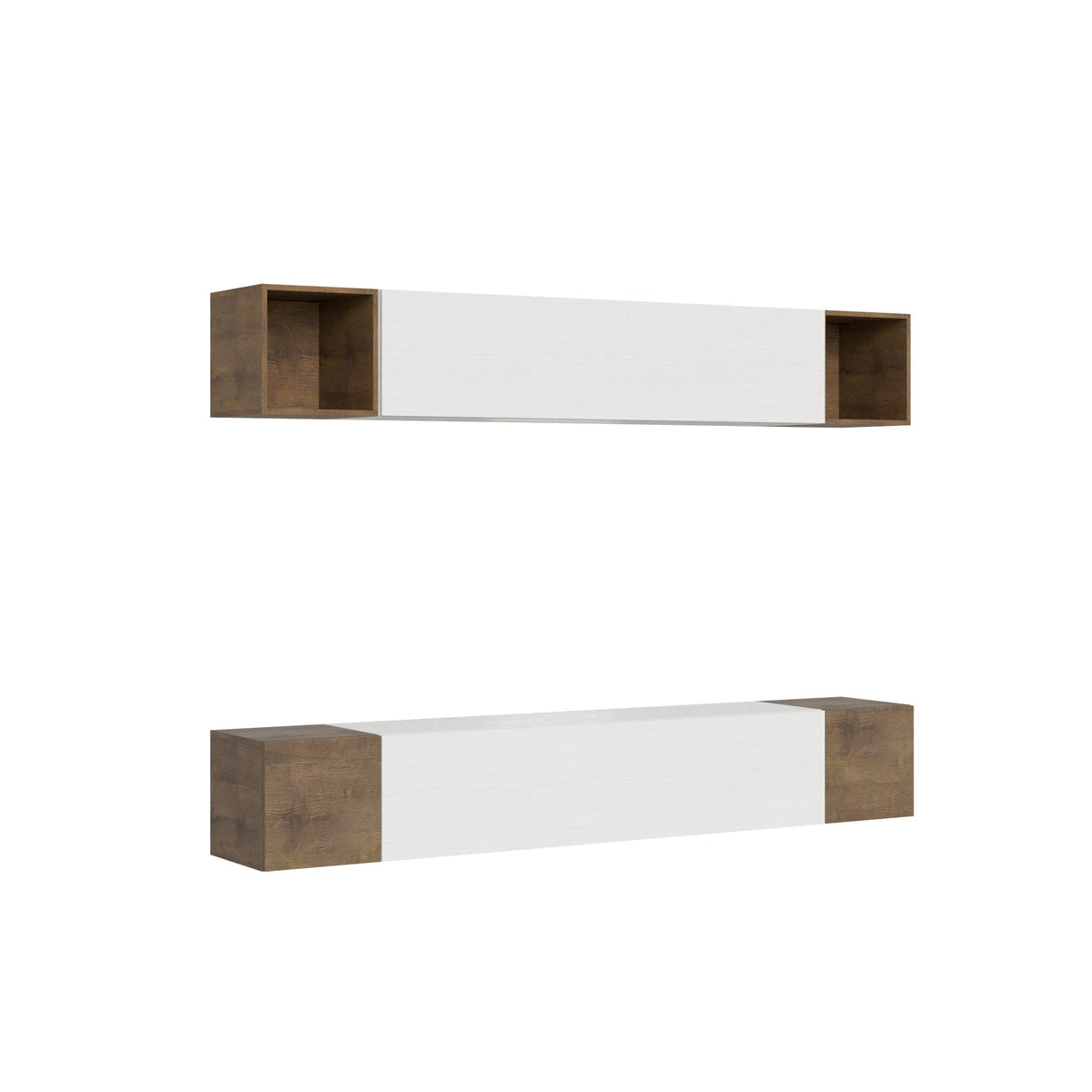 Composizione parete soggiorno A38 L.254 P.39,2 con mensole sospese bicolore bianco e legno, ideale per arredare il soggiorno moderno con stile.