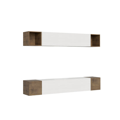 Composizione parete soggiorno A38 L.254 P.39,2 con mensole sospese bicolore bianco e legno, ideale per arredare il soggiorno moderno con stile.