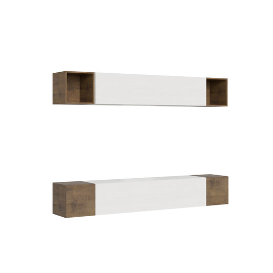 Composizione parete soggiorno A38 L.254 P.39,2 con mensole sospese bicolore bianco e legno, ideale per arredare il soggiorno moderno con stile.