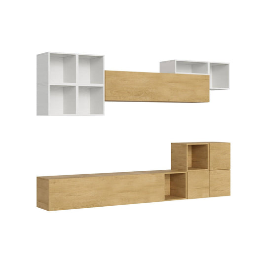 Composizione parete soggiorno A45 L.294 P.39,2 in finitura legno chiaro e bianco, ideale per arredare con stile pareti moderne del soggiorno.