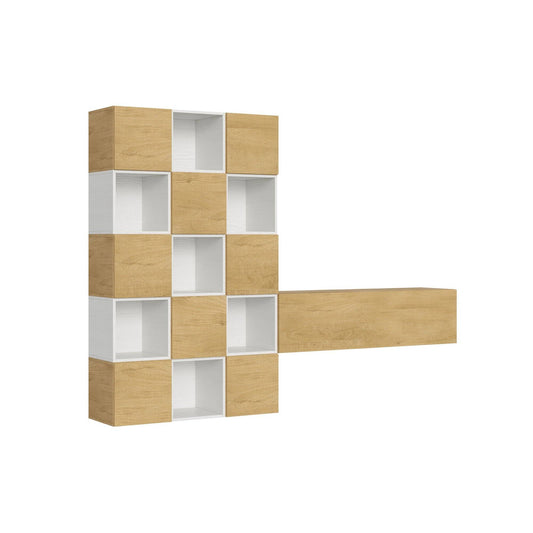 Composizione parete soggiorno A101 L.274 H.200 P.39,2 in legno chiaro e bianco, design moderno per pareti attrezzate salotto ITAMOBY.