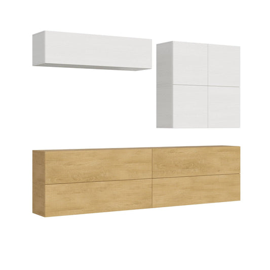 Composizione parete soggiorno A103 L.308 P.39,2 in legno chiaro e bianco, ideale per arredare con stile pareti attrezzate moderne e funzionali.