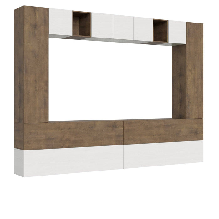 Composizione parete soggiorno A105 L.348 H.254 P.39,2 in finitura legno e bianco, ideale per arredare con stile pareti attrezzate moderne.
