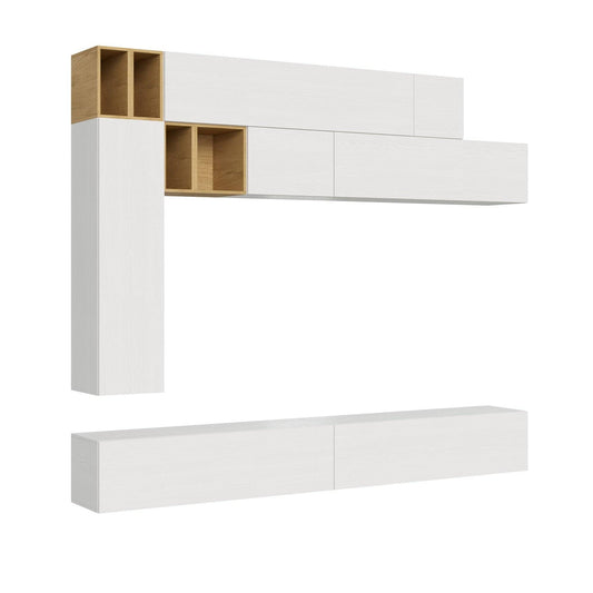 Composizione parete soggiorno A106 L.208 P.39,2 in finitura bianco e rovere, ideale per arredare con stile pareti attrezzate moderne e funzionali.
