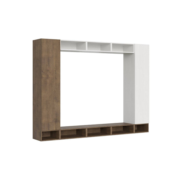 Composizione parete soggiorno A107 L.260 H.194 P.39,2 in legno bicolore, con vani a giorno e pensili, ideale per soggiorni moderni e funzionali.