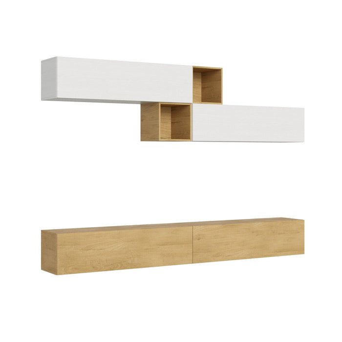 Composizione parete soggiorno A110 L.308 P.39,2 in finitura bianco e rovere, con moduli sospesi moderni per arredare il soggiorno con stile.