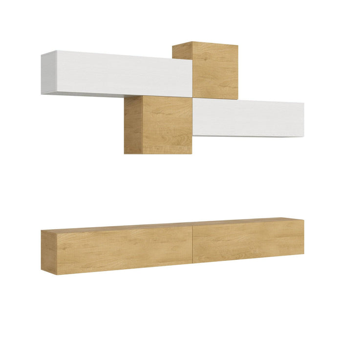 Composizione parete soggiorno A111 L.308 P.39,2 in finitura legno chiaro e bianco, design moderno per pareti attrezzate sospese salvaspazio.