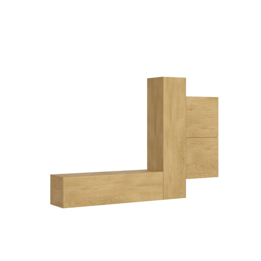 Composizione parete soggiorno A112 L.254 H.173,6 P.39,2 in legno chiaro, design moderno sospeso, ideale per arredare il living con stile e funzionalità.