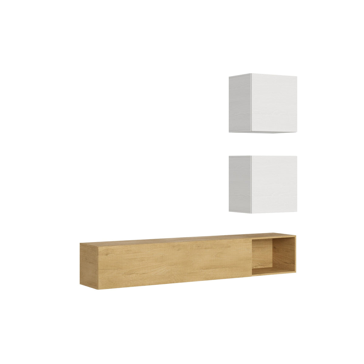 Composizione parete soggiorno A115 L.234 P.39,2 con base in legno chiaro e pensili bianchi, design moderno per arredamento salotto ITAMOBY.