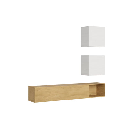 Composizione parete soggiorno A115 L.234 P.39,2 con base in legno chiaro e pensili bianchi, design moderno per arredamento salotto ITAMOBY.