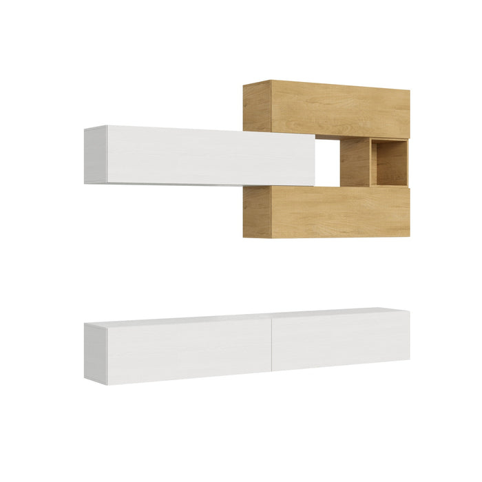 Composizione parete soggiorno A116 L.268 P.39,2 in finitura bianco frassino e rovere, ideale per arredare con stile pareti moderne.