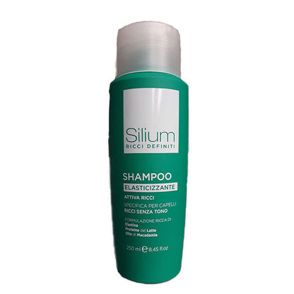 Shampoo elasticizzante Silium Ricci Definitivi, 250 ml, in bottiglia verde con etichetta bianca, specifico per ricci senza tono e senza crespo