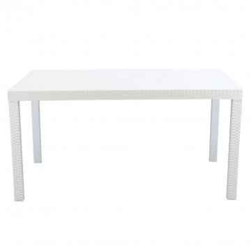 Vista frontale del Tavolo Rettangolare Houston bianco in plastica stile wicker, dimensioni 150x90 cm.