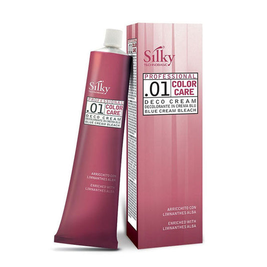 Tubo di decolorante crema Silky 01 Colorcare in crema blu, 250 ml, con confezione rosa e dettagli professionali, ideale per schiariture uniformi