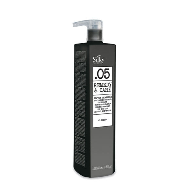 Shampoo anticaduta Silky 05 Remedy & Care in bottiglia nera da 1000 ml con dispenser, formulazione delicata per prevenire la perdita di capelli