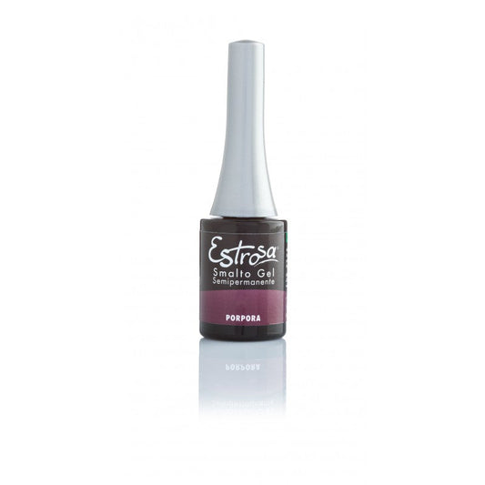 Smalto gel semipermanente Estrosa Porpora 7462 in bottiglia da 7 ml con etichetta viola, applicato su unghie per un look glamour e resistente