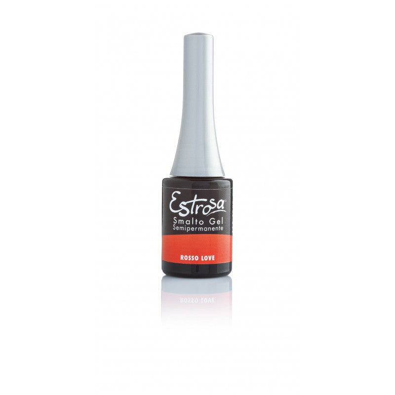 Smalto gel semipermanente rosso Love di Estrosa in bottiglia da 7 ml con finitura lucida, ideale per unghie eleganti e durature.