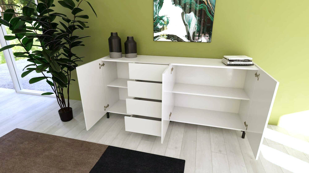 Interno madia Solaria con cassetti e ripiani, ideale per organizzare stoviglie e accessori in ambienti moderni e ordinati.