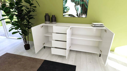 Interno madia Solaria con cassetti e ripiani, ideale per organizzare stoviglie e accessori in ambienti moderni e ordinati.