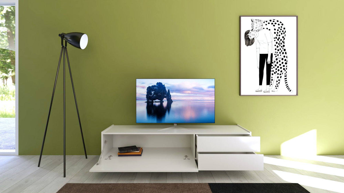 Interno porta TV Solaria bianco lucido con vano e cassetti, perfetto per organizzare dispositivi elettronici e accessori.