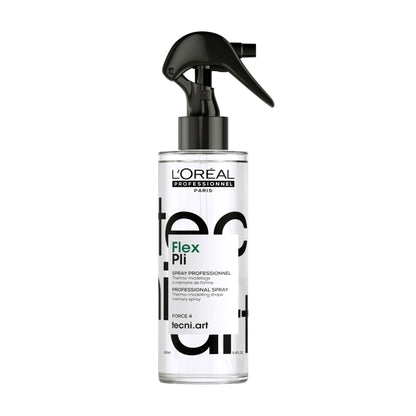Spray termo-modelante L'Oréal Professionnel Tecni Art Pli Force 4 in bottiglia trasparente con beccuccio spray nero, protezione calore, fissaggio duraturo, adatto a tutti i tipi di capelli.