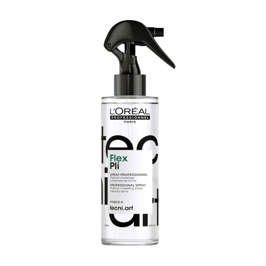 Spray termo-modelante L'Oréal Professionnel Tecni Art Pli Force 4 in bottiglia trasparente con beccuccio spray nero, protezione calore, fissaggio duraturo, adatto a tutti i tipi di capelli.