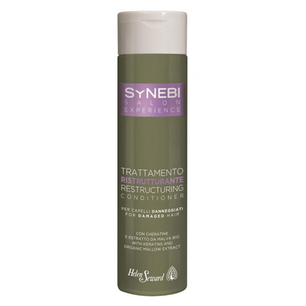 Bottiglia di trattamento ristrutturante capelli SYNEBI con cheratina e estratto di malva bio, formato da 300 ml, per capelli danneggiati