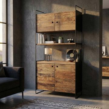 Mobile con 2 ripiani e 4 ante in legno di pino riciclato 99x40x190 cm
