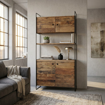 Mobile con 2 ripiani e 4 ante in legno di pino riciclato 99x40x190 cm