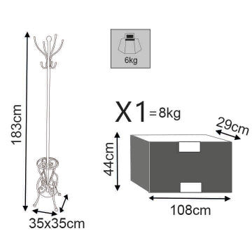 Schema dimensioni dell'appendiabiti in ferro verniciato bianco antico, altezza 183 cm, base 35x35 cm, capacità di carico 8 kg