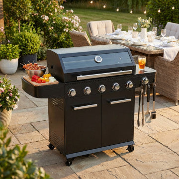 Barbecue 5 fuochi + 1 acciaio verniciato nero, griglia 82×42 cm