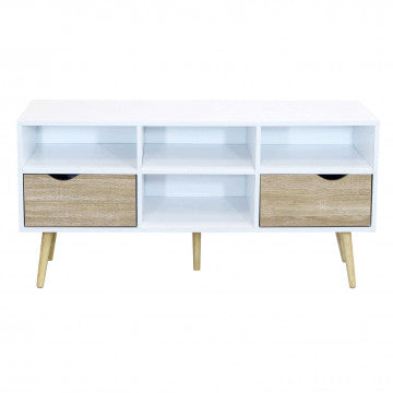 Mobile porta TV 2 cassetti 4 ripiani legno bianco grigio 117x39x58cm